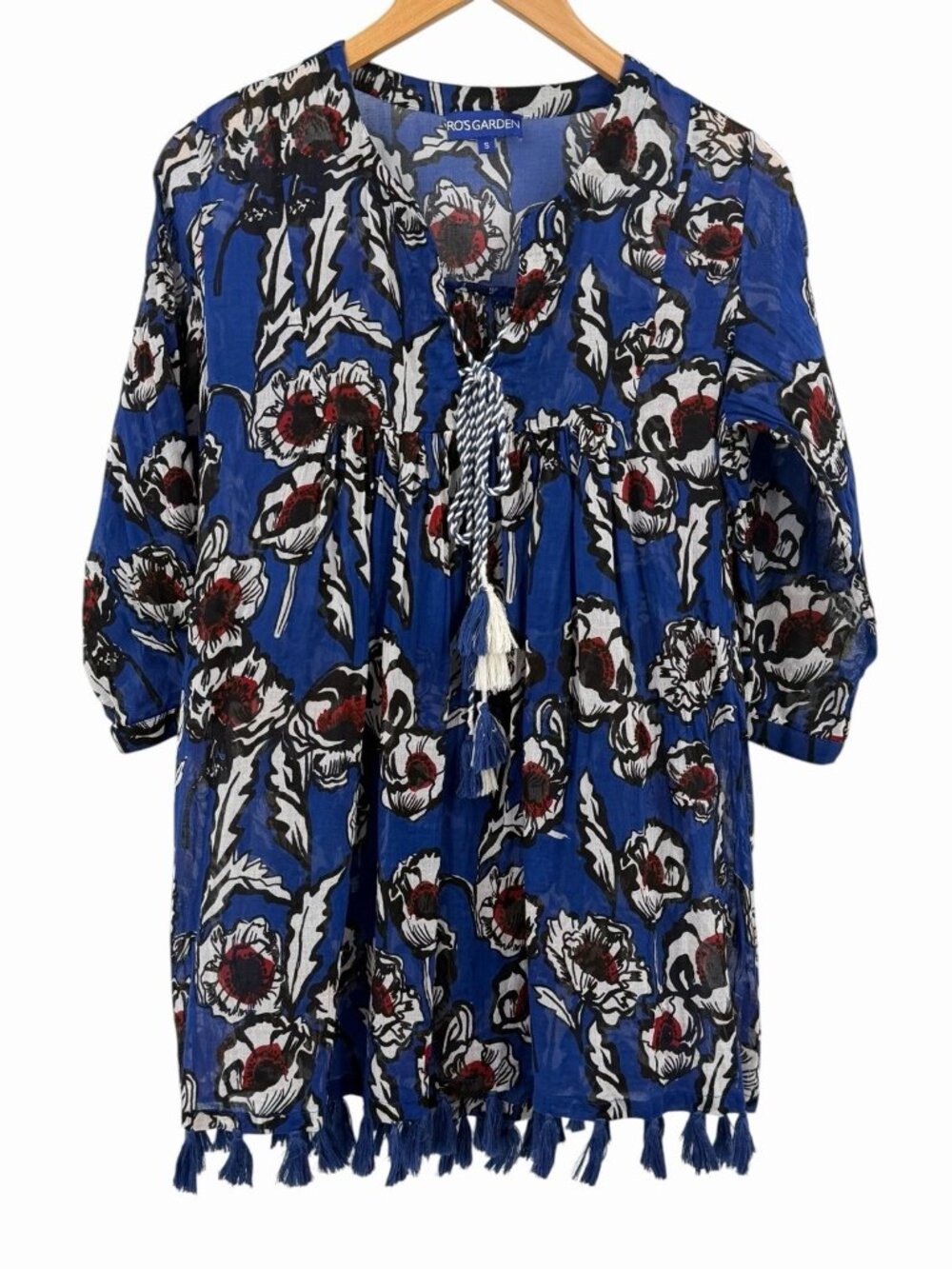 RO'S GARDEN Women's Blue Semi-Sheer Floral Boho Tassel Tie Mini Dress Small